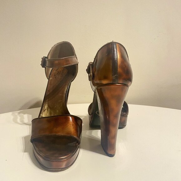 PRADA Patent Leather Tortoise Shell Platform Block Heels (Sandal) Size 37.5 - Picture 1 of 7